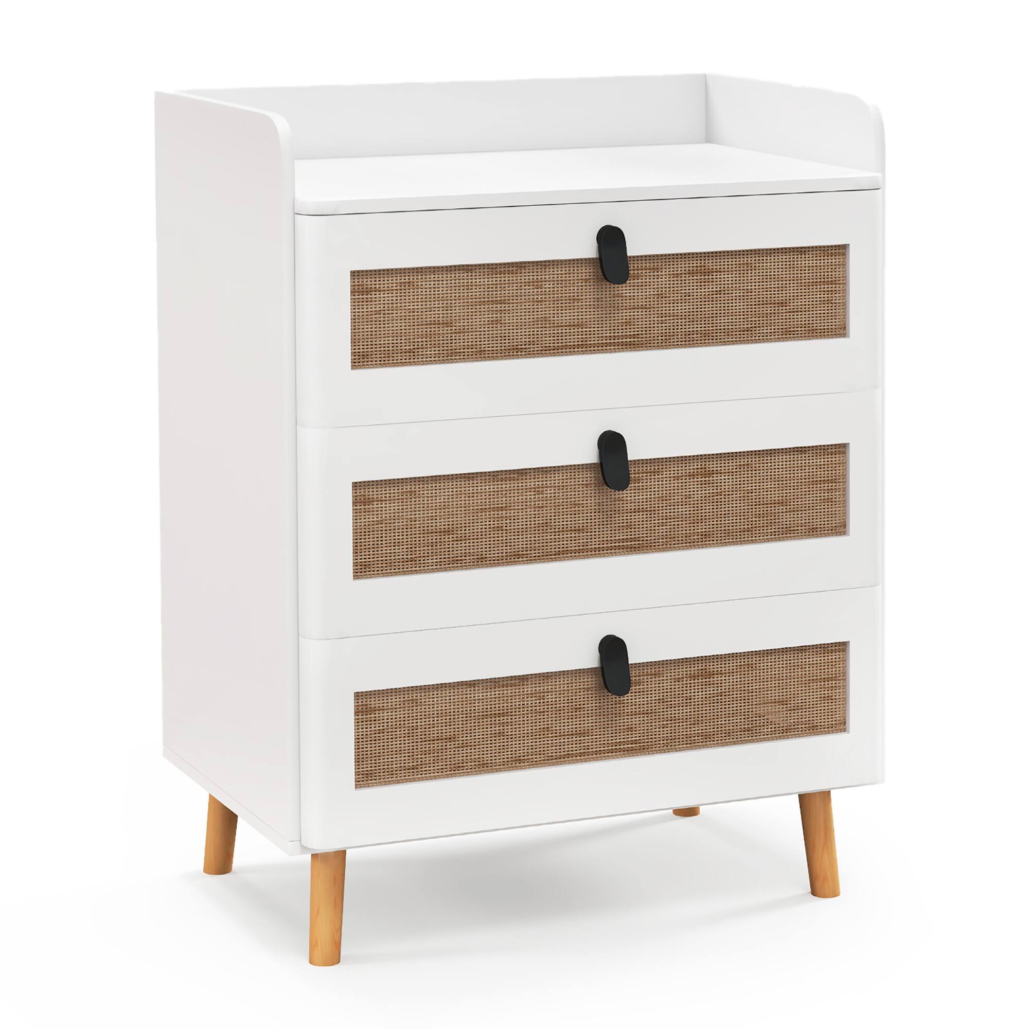 Alt View 8. Gymax - Gymax Modern Nightstand End Bedside Table w/ 3 Rattan Drawers & Solid Wood Legs White - White, Natural.