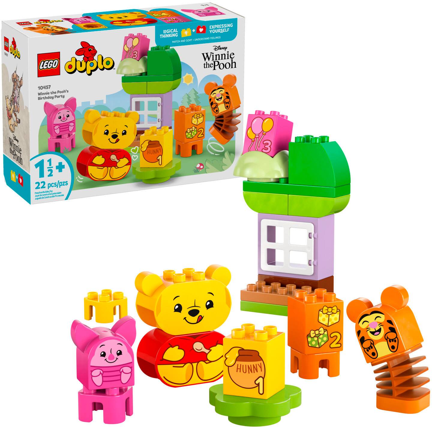 A 13 LEGO duplo 10457 Winnie the Pooh's Birthday Party set is displayed. The set includes 22 pieces and is designed for children to express their creativity and imagination. The set features Winnie the Pooh characters and is part of the Disney Winnie the Pooh collection.