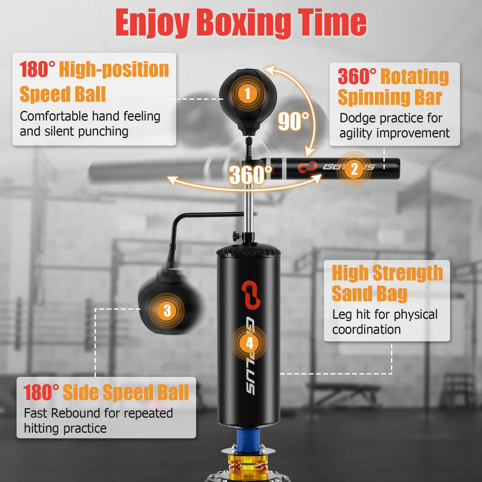 Enjoy Boxing Time

1. **180° High-position Speed Ball**
   - Comfortable hand feeling and silent punching

2. **360° Rotating Spinning Bar**
   - Dodge practice for agility improvement

3. **180° Side Speed Ball**
   - Fast Rebound for repeated hitting practice

4. **High Strength Sand Bag**
   - Leg hit for physical coordination