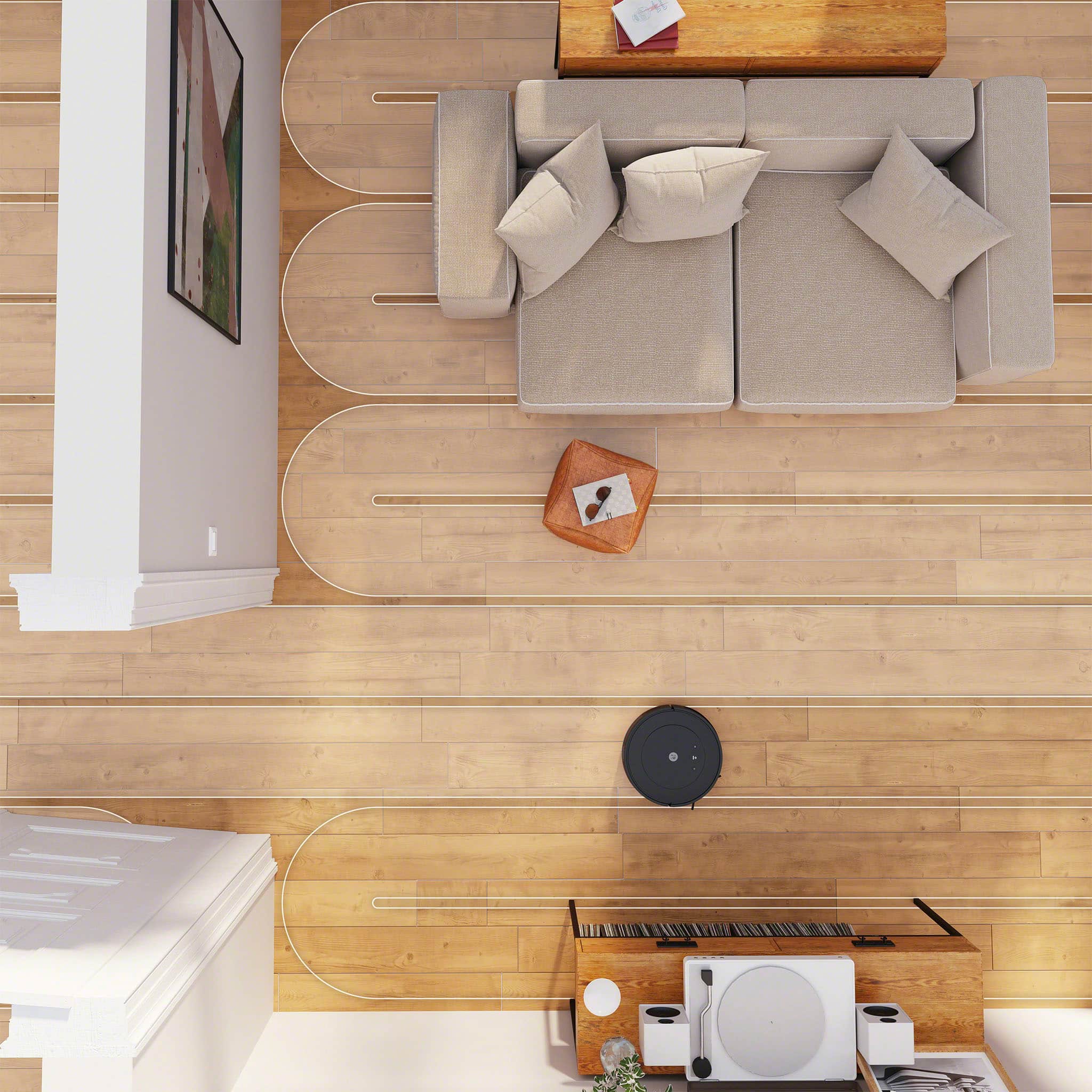 The image shows a living room with a couch, a coffee table, and a TV. The room is clean and well-organized, with the couch and coffee table arranged neatly. The TV is positioned in the corner of the room, and there is a remote control placed nearby. The overall atmosphere of the living room is tidy and inviting.