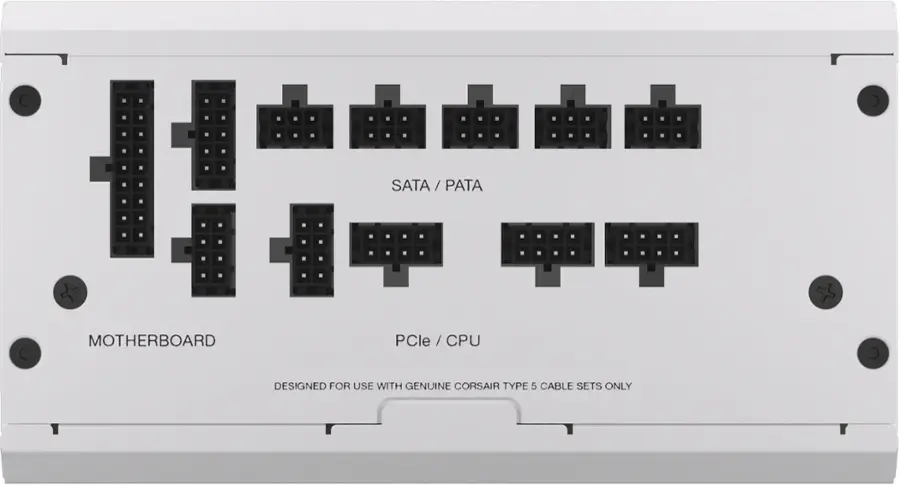 The largest text on the image reads "Motherboard." The following text is cleaned up to read: "SATA/PATA/E Motherboard PCle/CPU/Designed for use with genuine Corsair Type 5 cable sets only."