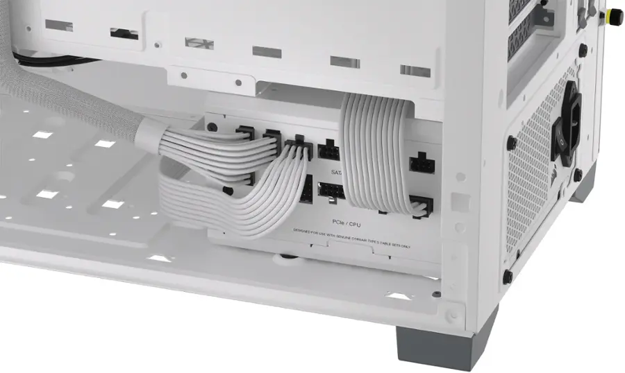 The image shows a computer with a white case and a large number of wires. The wires are connected to the back of the computer, and some of them are visible on the front. The computer is designed to use genuine cables, ensuring compatibility and optimal performance.