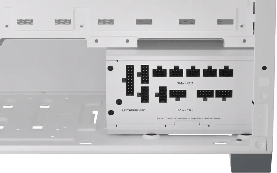 The image features a white computer motherboard with a variety of ports and connectors. The largest text on the motherboard reads "SATA ATA/PATA." The motherboard is designed for use with genuine Corsair Type 5 cable sets only.
