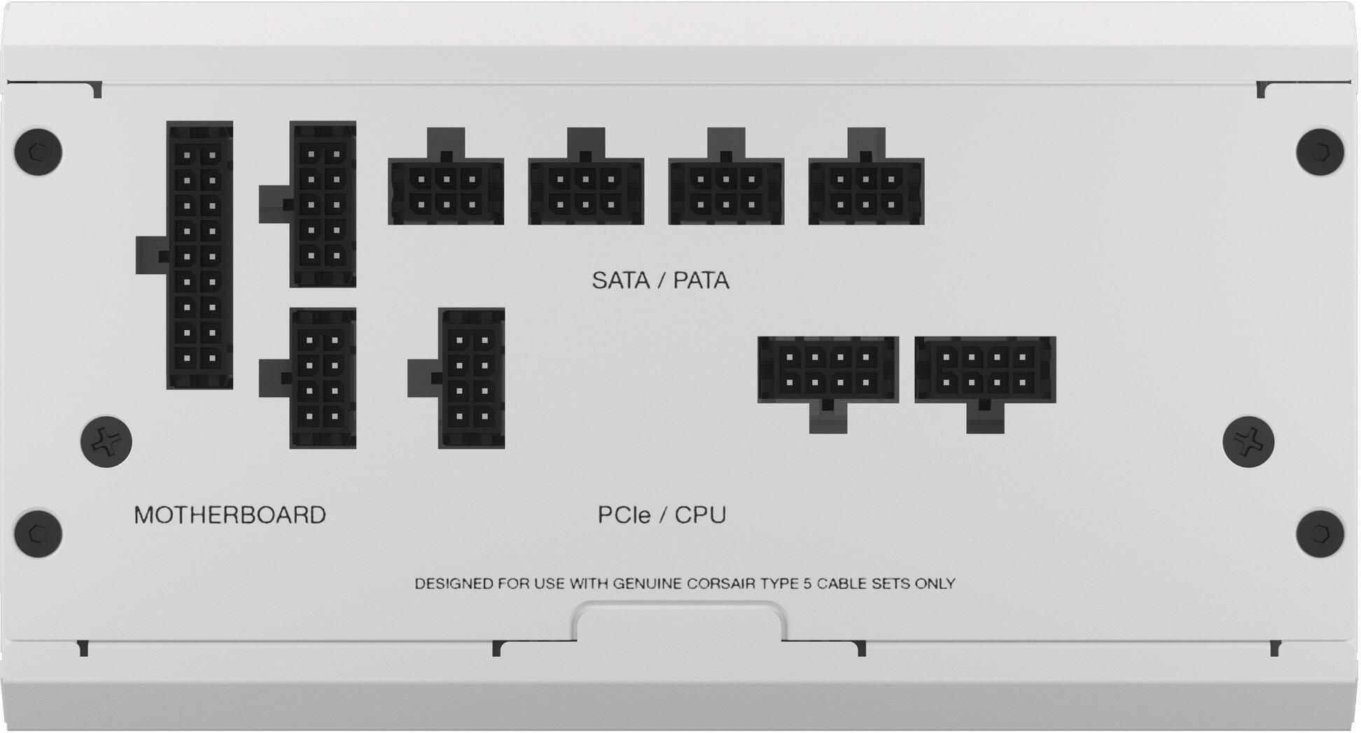 The largest text on the image reads "Motherboard PCle/CPU." The following text is cleaned up to read: "Designed for use with genuine Corsair Type 5 cable sets only."