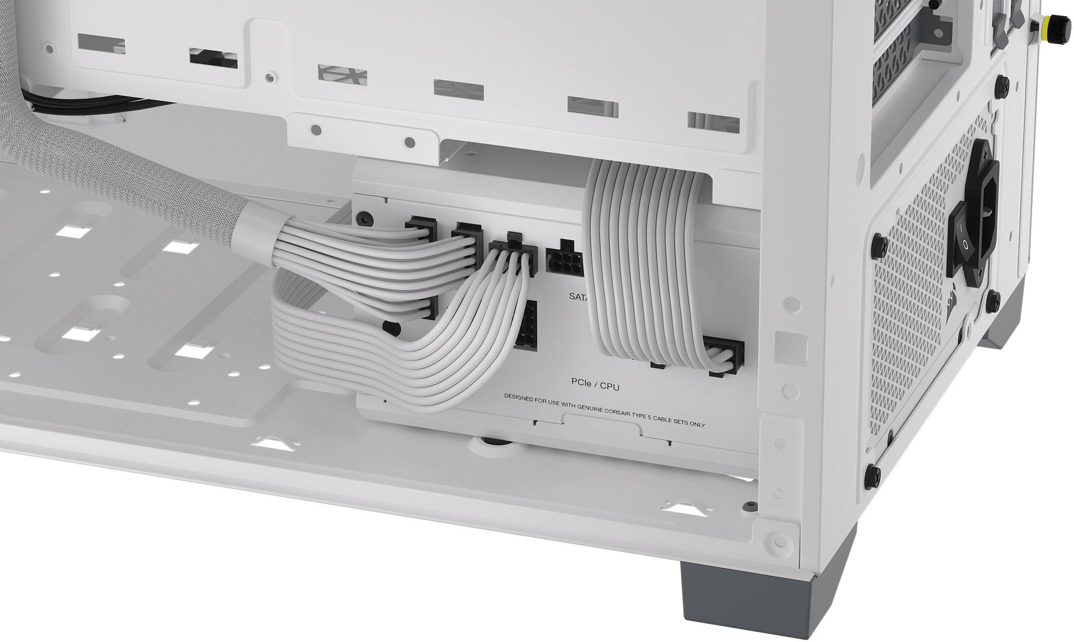 The image features a computer tower with a white exterior. The tower is equipped with a CPU and a PCIe/CPU slot. The computer is designed to use genuine Corsair type 1 RAM sets only.