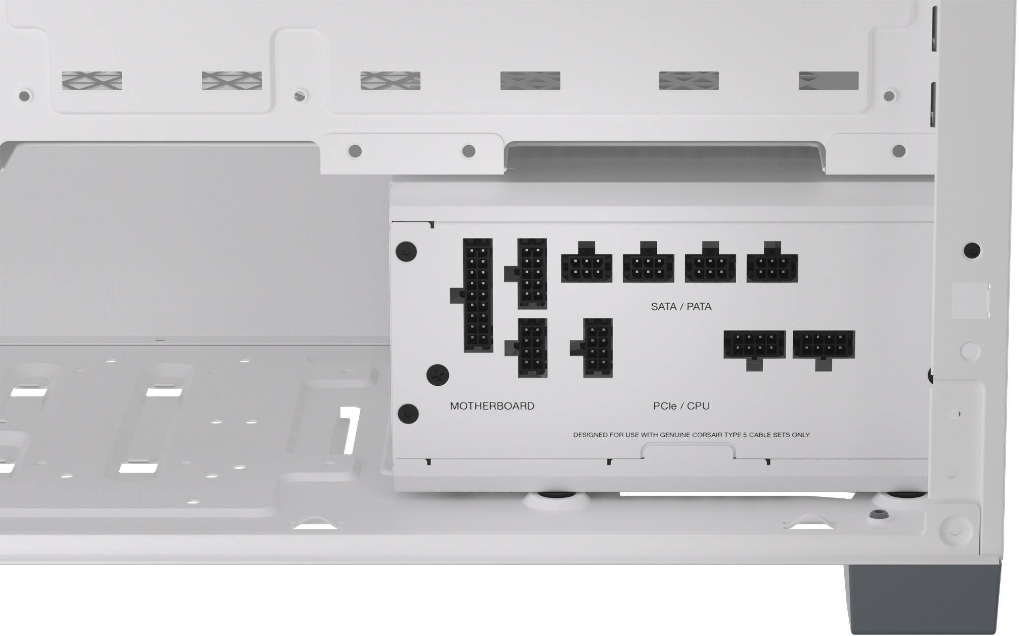 The image features a white computer motherboard with a variety of ports and connectors. It is designed for use with genuine Corsair Type 5 cable sets only. The motherboard has a total of 11 ports, including two USB ports, two SATA ports, and a PATA port. Additionally, there is a CPU socket on the motherboard. The overall design and layout of the motherboard suggest that it is a high-quality and reliable component for a computer system.