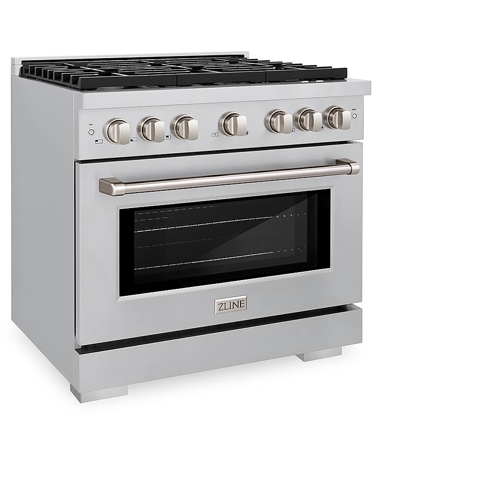 Left. ZLINE - ZLINE 36 in. 5.2 cu. ft. Gas Range with Convection Gas Oven in Stainless Steel with 6 Brass Burners (SGR-BR-36).