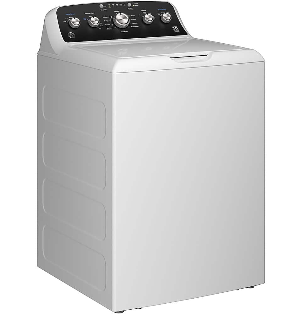 Angle. GE - 4.6 Cu. Ft. High-Efficiency Top Load Washer with Wash Boost - White with Matte Black.