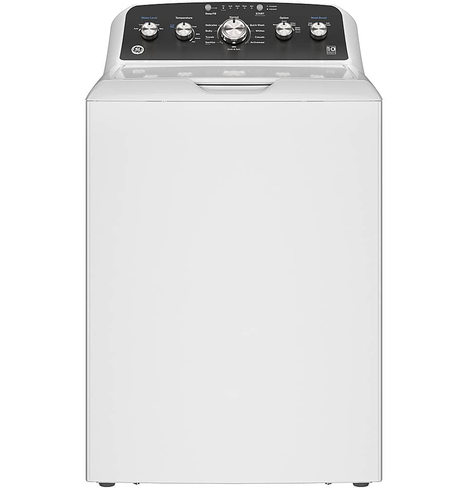 Front. GE - 4.6 Cu. Ft. High-Efficiency Top Load Washer with Wash Boost - White with Matte Black.