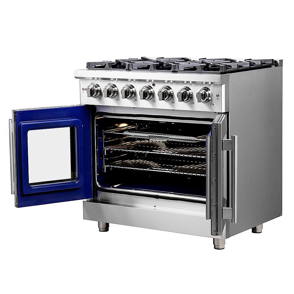 Left. Forno Appliances - Massimo 5.36 cu.ft. Freestanding Gas Convection Range with French Doors and Air Fryer Kit.