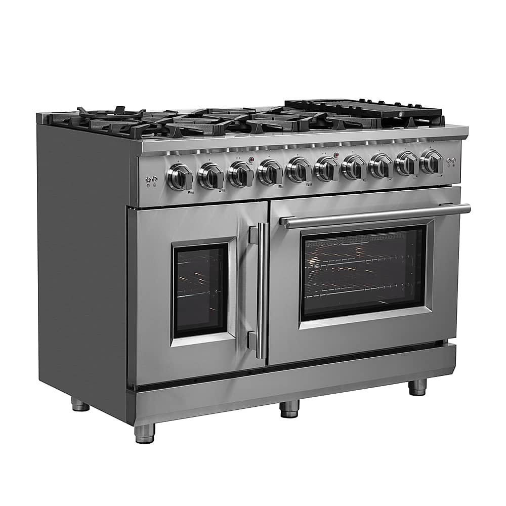 Angle. Forno Appliances - Massimo 6.58 cu.ft. Freestanding Double Oven Gas Convection Range with French Doors and Air Fryer Kit - Stainless steel.