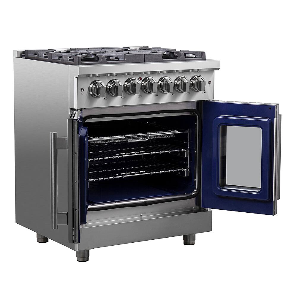 Left. Forno Appliances - Massimo 4.32 cu. ft. Freestanding Dual Fuel Convection Range with Steam Cleaning and French Doors - Stainless steel.