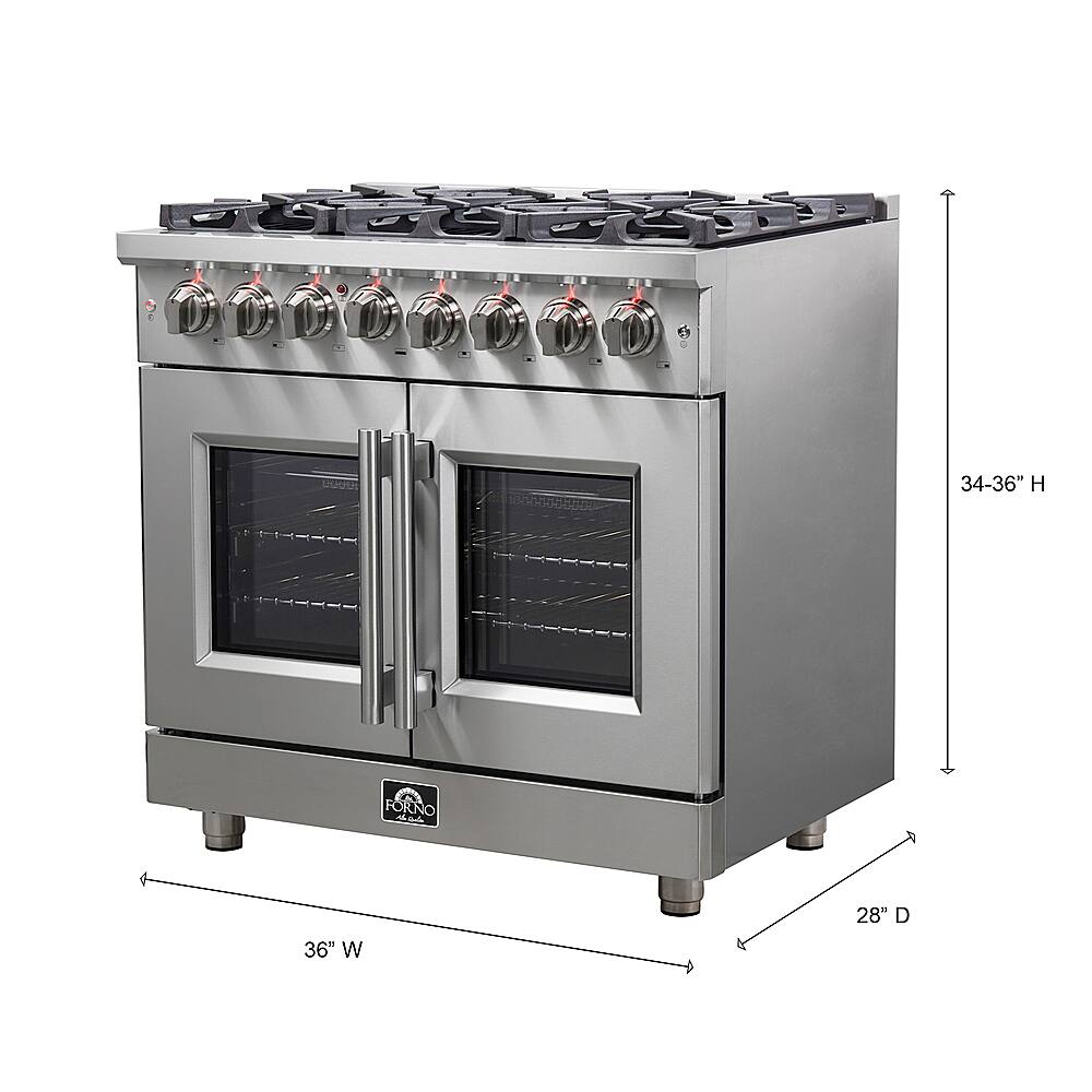 The text on the image reads: "34-36" H FORNO 36" W 28" D." This indicates that the oven is 34-36 inches high, 36 inches wide, and 28 inches deep.
