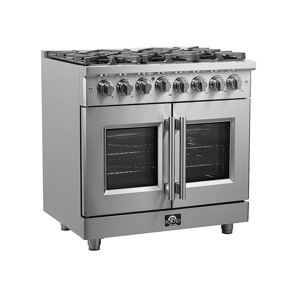 Left. Forno Appliances - Massimo 5.36 cu.ft. Freestanding Dual Fuel Convection Range with Steam Cleaning and French Doors - Stainless steel.