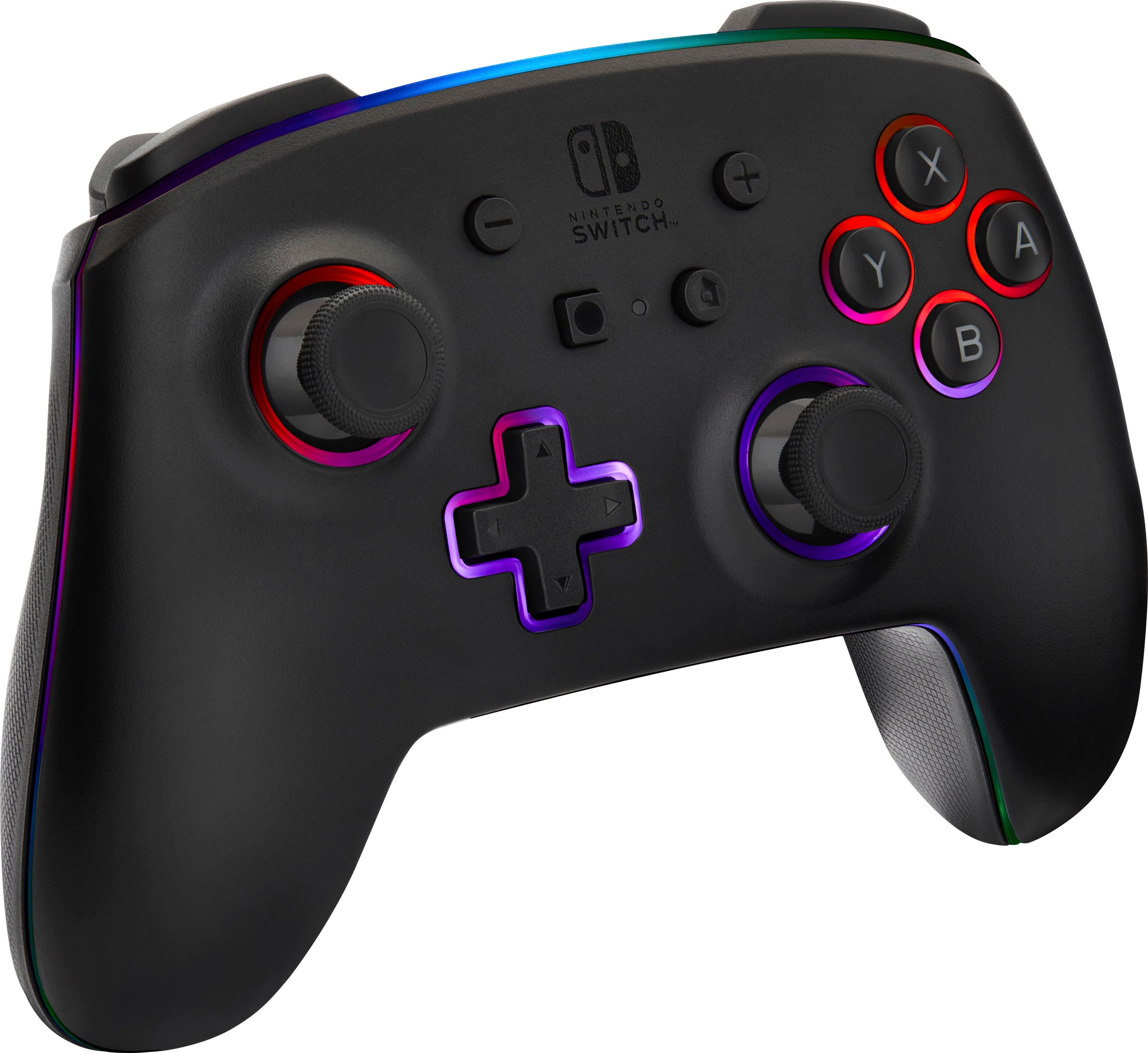 The image features a black Nintendo Switch game controller with a white background. The controller has a purple and red color scheme, and the buttons are labeled with the letters A, B, X, Y, and D. The controller is designed for the Nintendo Switch gaming system and is ready to be used for playing video games.