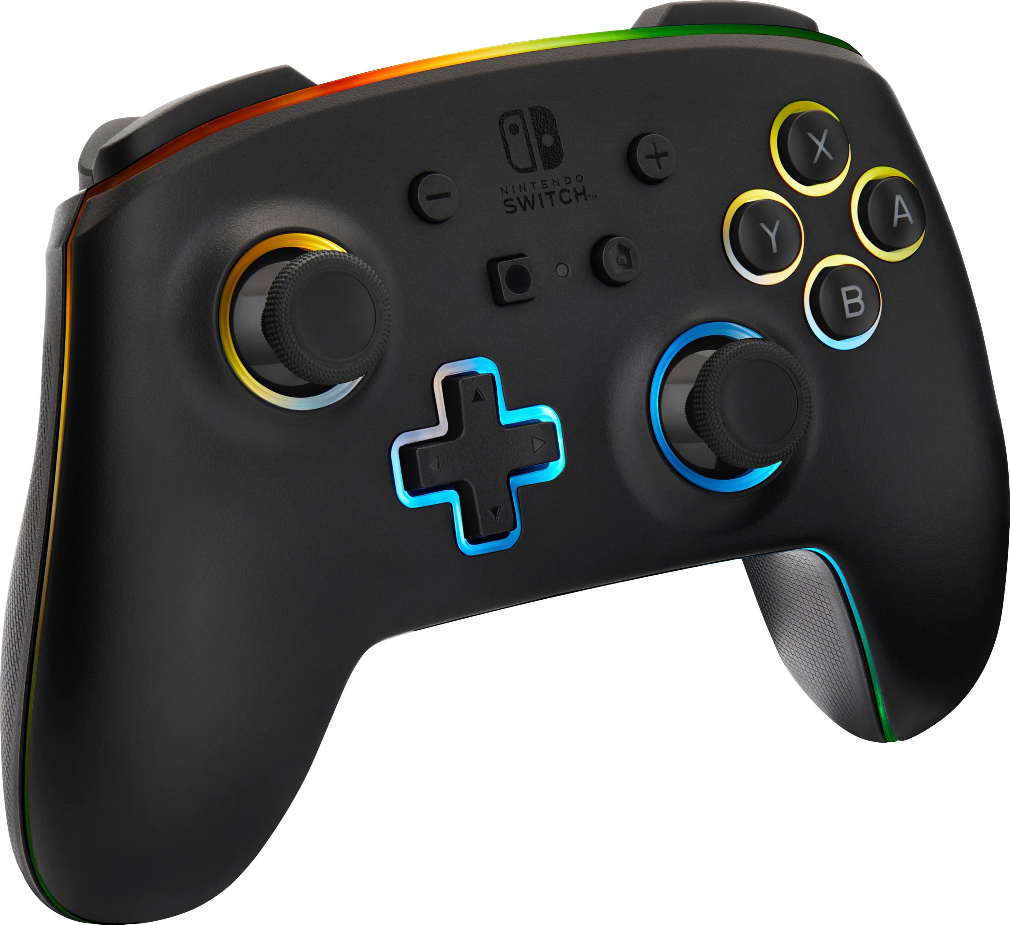 The image features a close-up of a Nintendo Switch game controller with a black background. The controller has a colorful design, including a yellow, orange, and green strip. The controller has a total of 12 buttons, including the A, B, X, Y, and D-pad buttons. The controller is designed for the Nintendo Switch gaming system and is ready to be used for playing games.