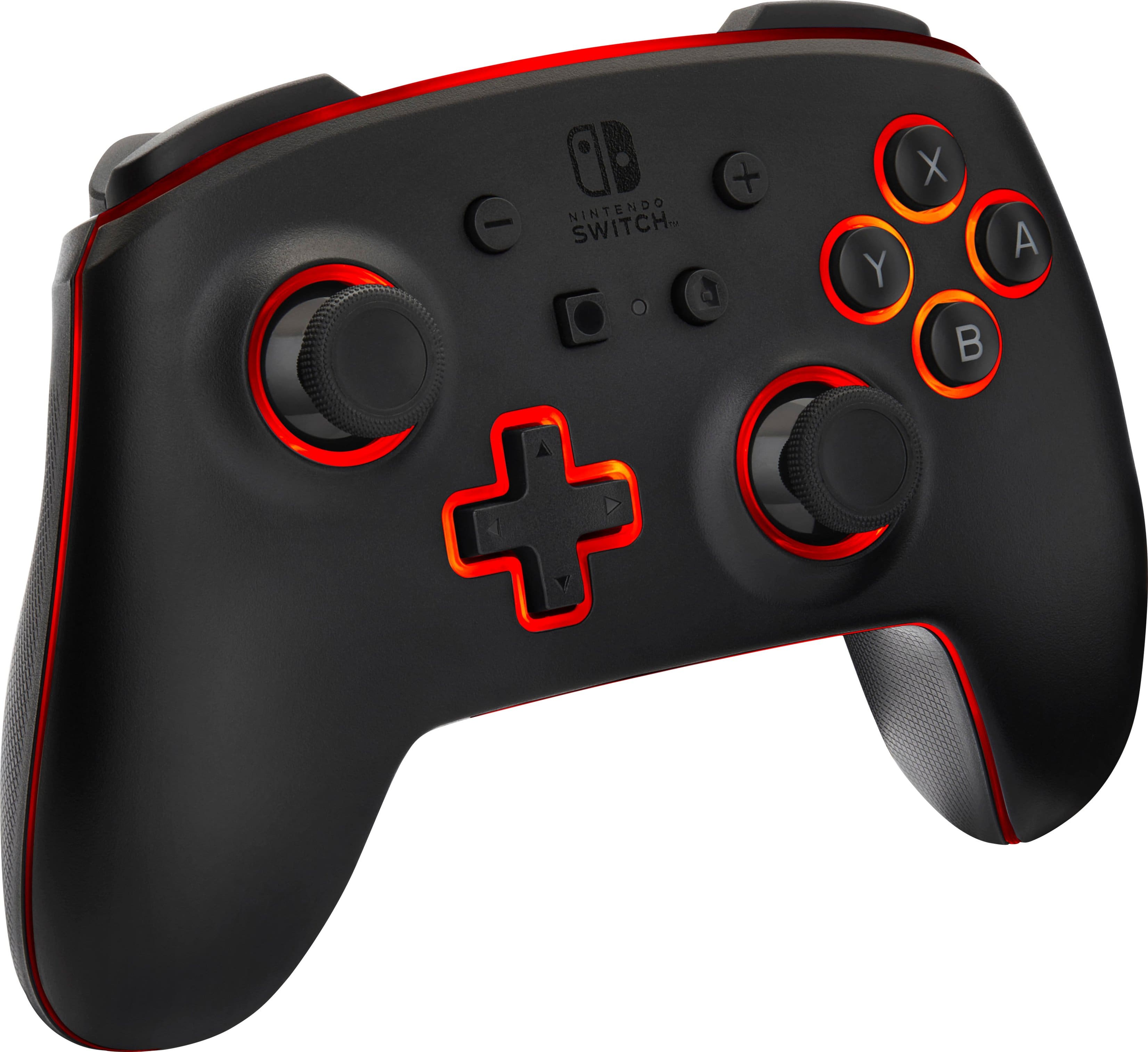 The image features a close-up of a Nintendo Switch game controller with red and black buttons. The controller has a total of 12 buttons, including the D-pad, A, B, X, Y, and other buttons. The controller is designed to be used with the Nintendo Switch gaming console, which is known for its innovative motion-sensing capabilities and versatile gaming experiences.