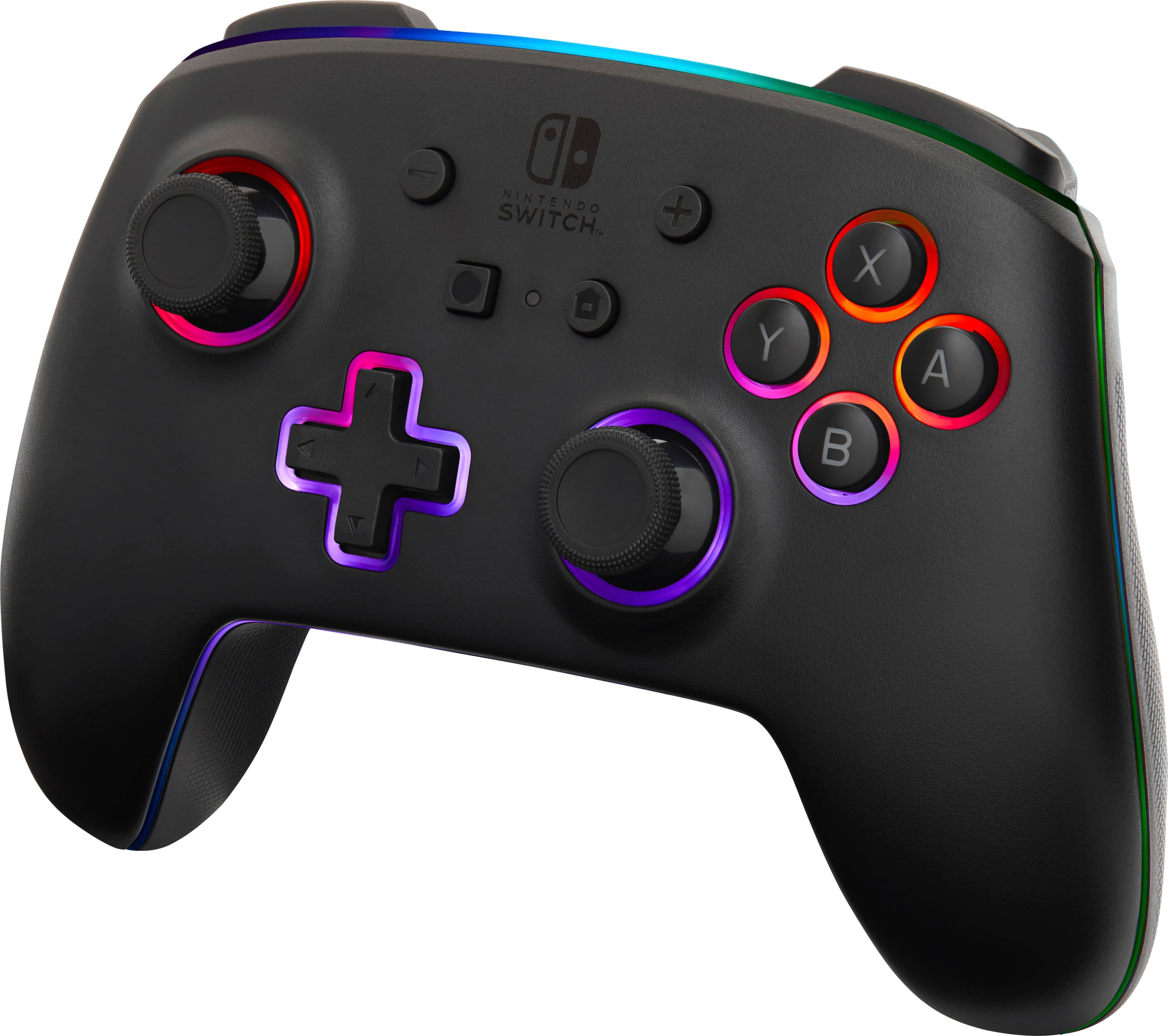 The image features a close-up of a Nintendo Switch controller. The controller has a black and purple color scheme, with a white background. The controller is equipped with a D-pad, A, B, X, and Y buttons, as well as a Home button. The controller is designed for use with the Nintendo Switch gaming system.