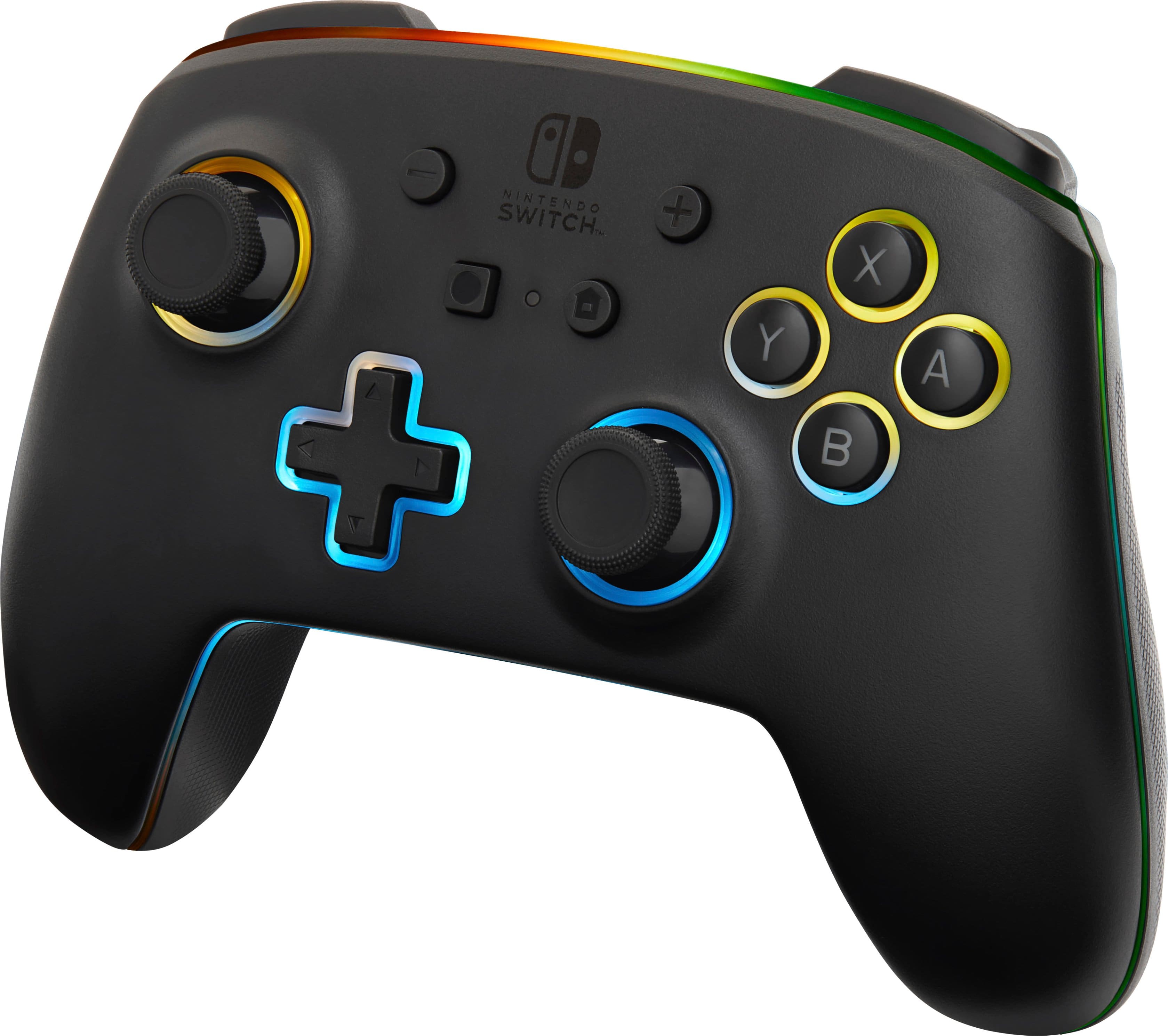 The image features a Nintendo Switch controller with a colorful design, including blue, green, yellow, and orange buttons. The controller is displayed in a white background, making the colors stand out prominently.