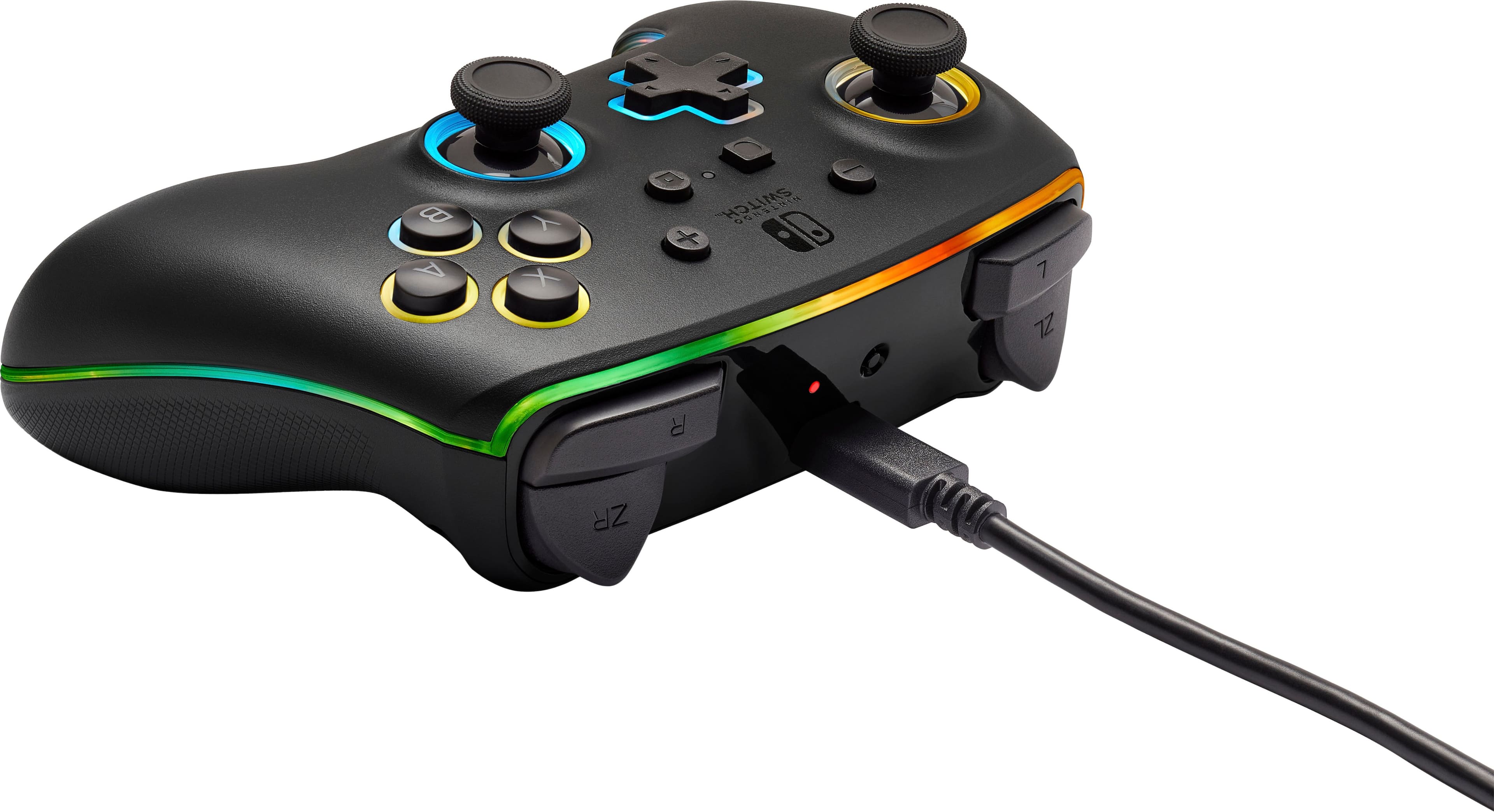 The image features a black and green video game controller with a colorful strip on the side. The controller has a total of 12 buttons, including a D-pad and a directional pad. The buttons are arranged in a circular pattern, with some buttons being larger than others. The controller is connected to a device, possibly a gaming console, and is ready for use.