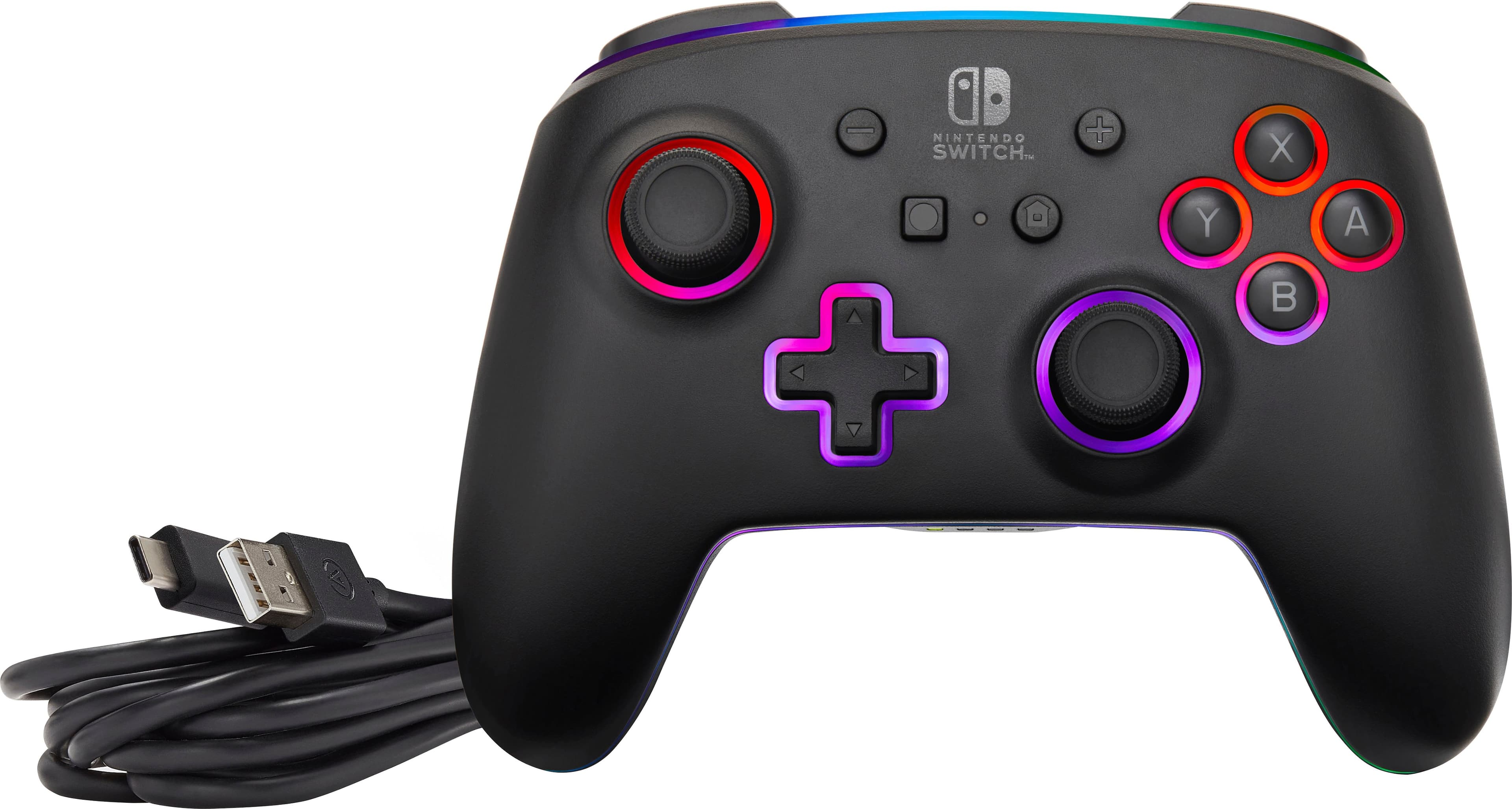 The image features a Nintendo Switch game controller with a black and purple color scheme. The controller has a USB cord attached to it, which is likely used for charging or connecting to a computer. The controller is placed on a white background, making it stand out prominently in the image.