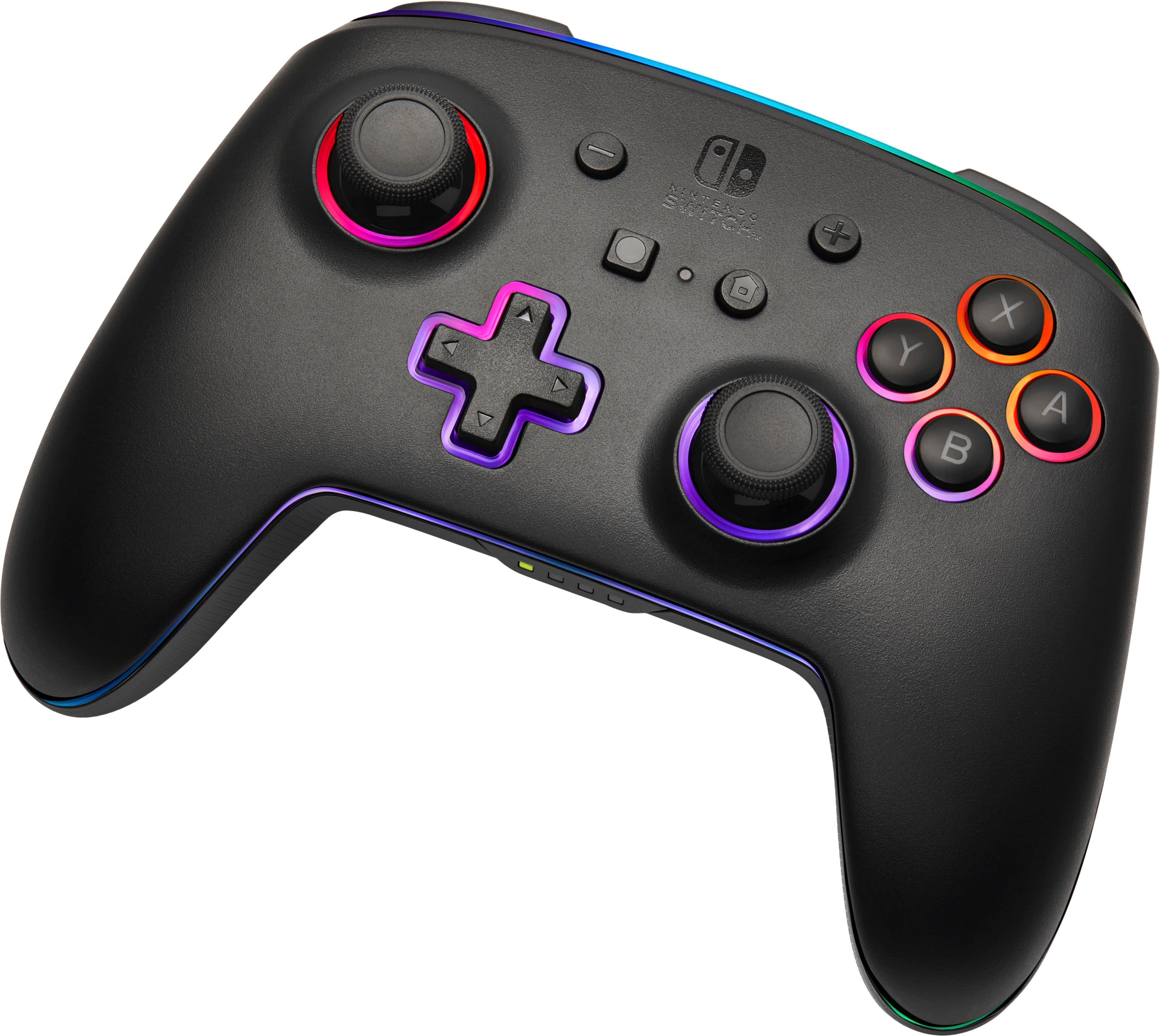 The image features a black Nintendo Switch game controller with a purple and orange strip. The controller has a total of 12 buttons, including the A, B, X, Y, and other buttons on the front and sides. The controller is designed for use with the Nintendo Switch gaming system.