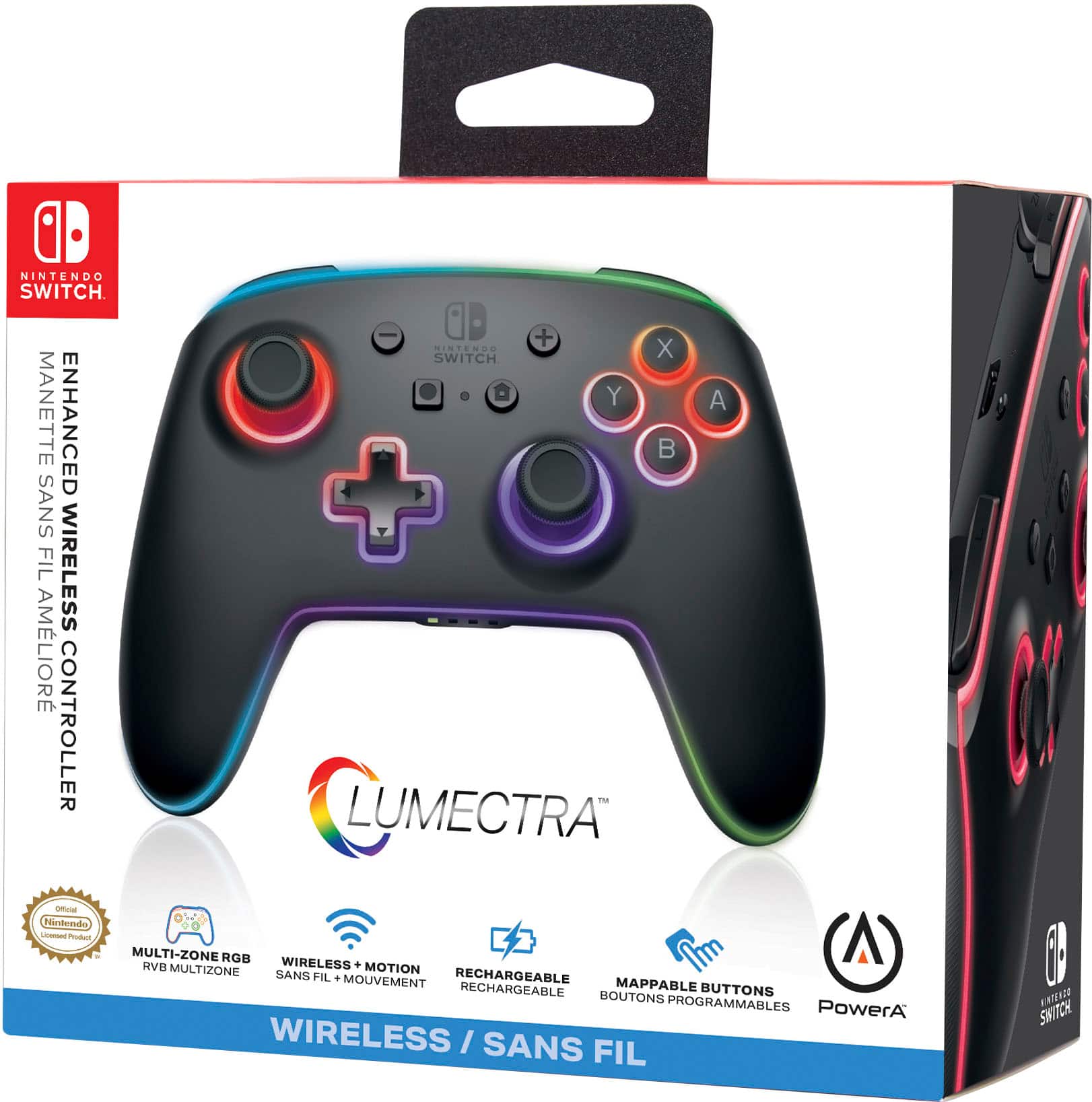 The image features a Nintendo Switch controller, specifically the Lumetra controller, which is designed for enhanced gameplay. It is a wireless controller with motion-sensing capabilities and programmable buttons, allowing for a more immersive gaming experience. The controller is compatible with the Nintendo Switch gaming system and comes with a rechargeable battery for extended use.