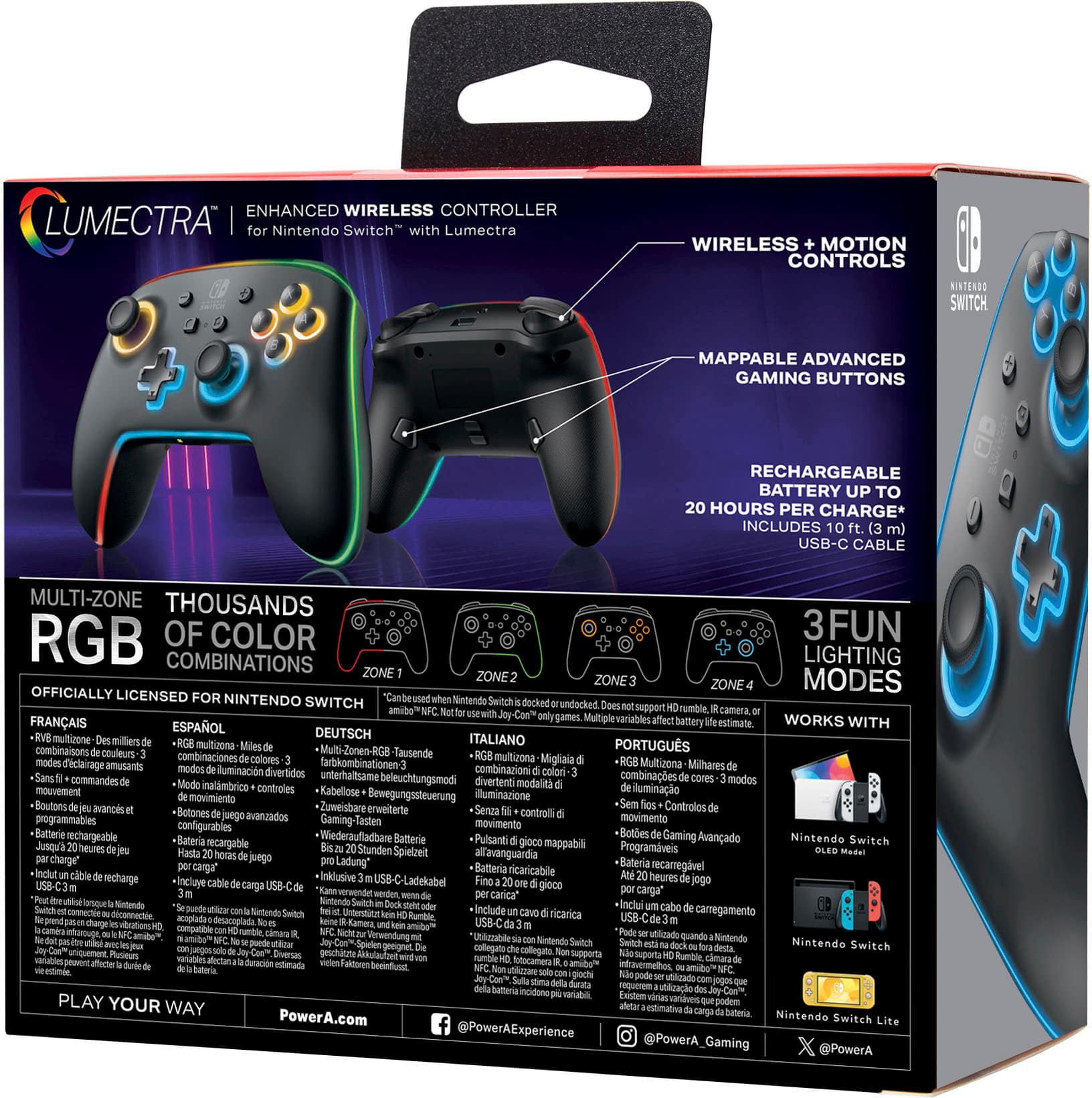 The image features a Nintendo Switch box containing a Lumectra wireless controller. The controller is designed with advanced wireless motion controls and has a rechargeable battery that can last up to 20 hours per charge. It also includes a USB-C cable for charging and connectivity. The controller is compatible with the Nintendo Switch and offers various gaming modes and multi-zone color options for a unique and enjoyable gaming experience.