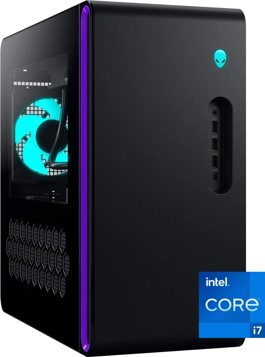 Left. Alienware - Aurora R16 Desktop – Intel Core i7 Processor 14700KF – NVIDIA GeForce RTX 4070 SUPER - 32GB Memory – 1TB SDD - Black.