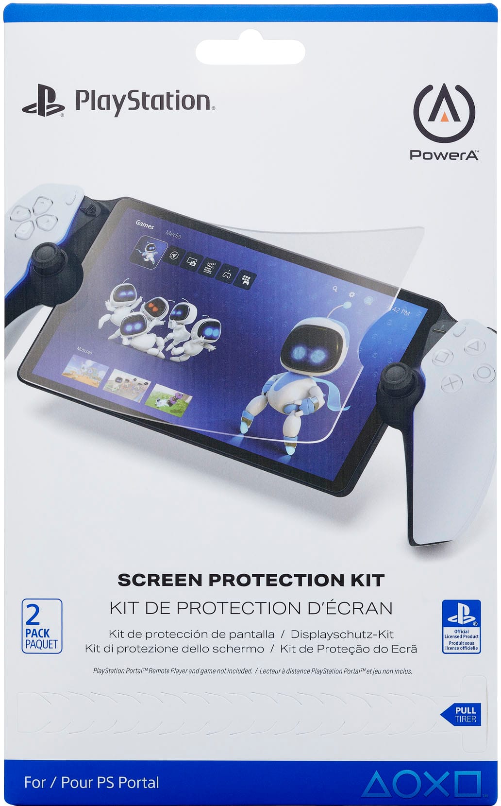 The image features a PlayStation screen protection kit, which includes a screen protector and a case. The kit is designed to protect the screen of the PlayStation device from scratches and other potential damage. The packaging is blue and white, and the screen protector is clear, allowing for unobstructed visibility of the screen. The kit is available for purchase at the PlayStation store.
