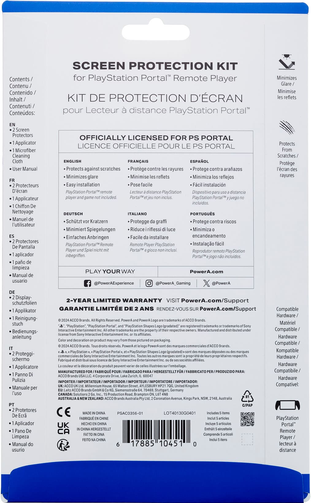 The image features a blue package with a white label, which is a Screen Protection Kit for the PlayStation Portal. The kit includes a screen protector, a cleaning cloth, and an applicator. The package is officially licensed for the PlayStation Portal and is designed to protect the screen from scratches and glare. The kit is easy to install and comes with a simple installation guide. The package is available in English, French, and German.