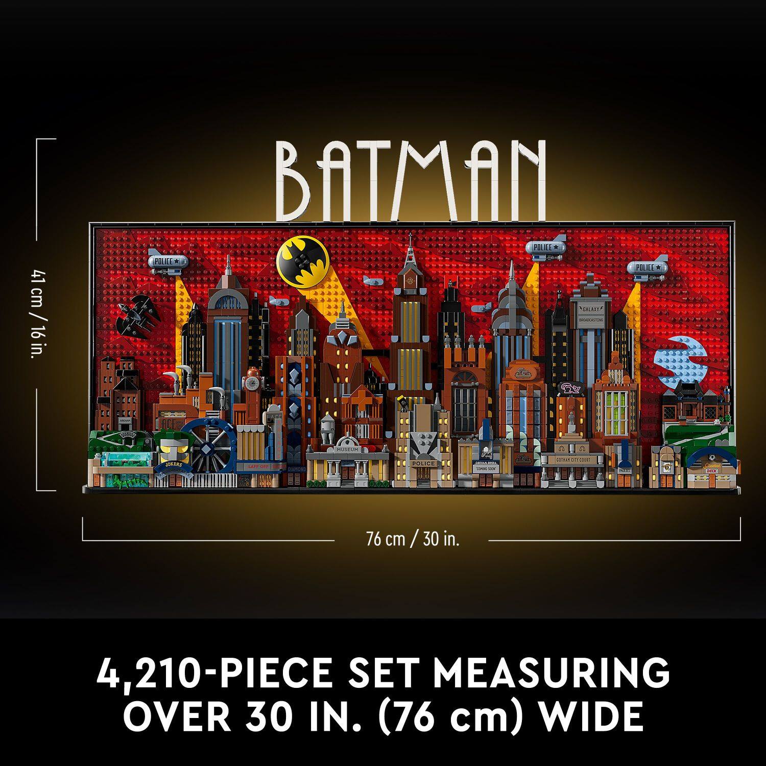The text on the image is grouped and corrected as follows:
"41 41cm / 16in. 16 PIECE BATMAN PUZZLE - MUSEUM QUALITY - 76 cm cm / 30 in. 4,210-PIECE SET MEASURING OVER 30 IN. (76 cm) WIDE"