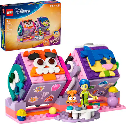 The image features a Disney LEGO set with various toys and figures, including a carousel and a roller coaster. The set is designed for children aged 9 and above, and it contains 394 pieces. The toys are arranged in a playful manner, with some figures positioned on a table and others placed around the scene. The overall composition of the image showcases the creativity and fun of the LEGO set.