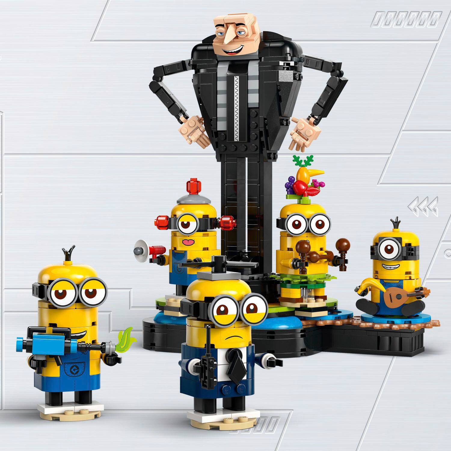 The image features a group of Lego minifigures, including a man and several minions, standing together. The man is wearing a suit and tie, while the minions are dressed in various outfits. The scene appears to be a playful and creative display of the Lego characters.