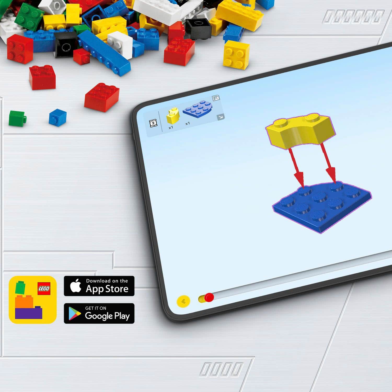 The largest text reads "LEGO." The following text reads "Download on the App Store GET IT ON Google Play."
