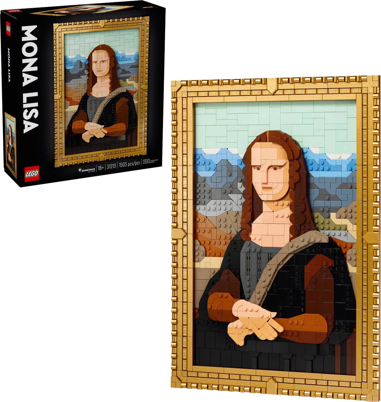 The text on the image is grouped as follows:
"Mona Lisa LEGO - 3213 - 1505 pcs/bpes - 18+".