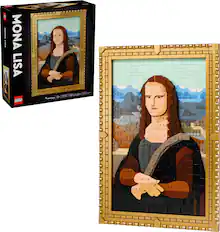 The text on the image is grouped as follows:
"Mona Lisa LEGO - 3213 - 1505 pcs/bpes - 18+".