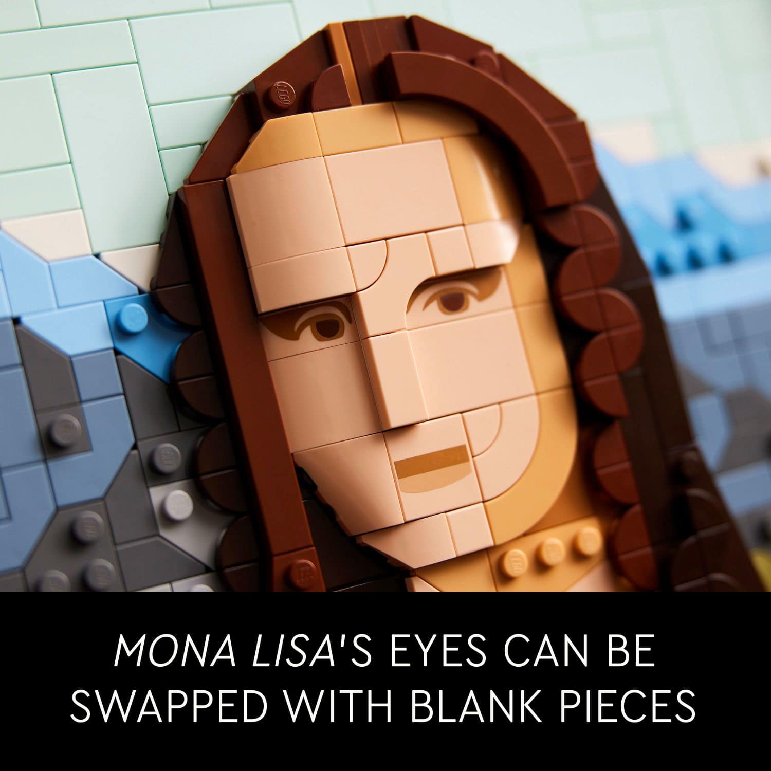 Corrected text: "Mona Lisa's eyes can be swapped with blank pieces."
