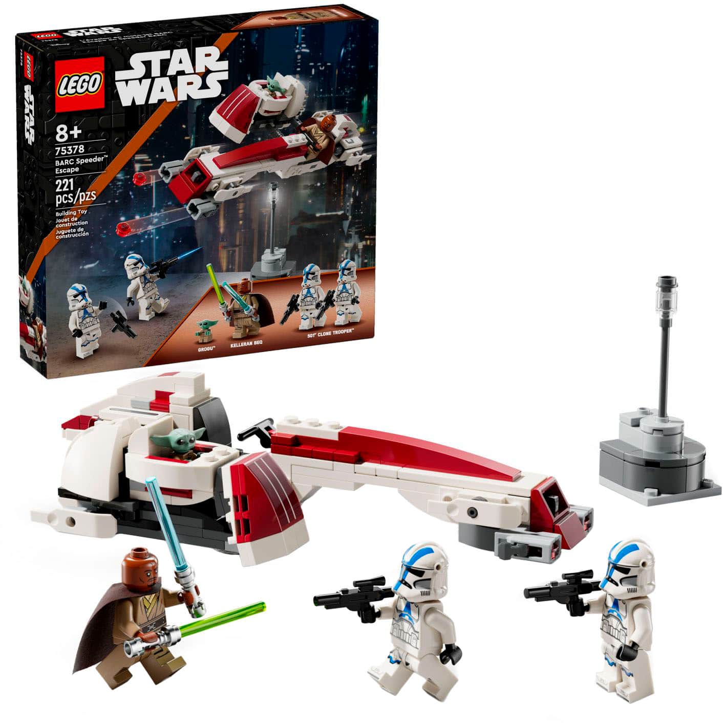 The image features a box of Lego Star Wars toys, which includes a variety of figures and vehicles. The box contains a total of 221 pieces, and the toys are designed for children aged 8 and above. The set includes a BARC Speeder, which is a popular vehicle from the Star Wars universe. The toys are displayed on a white background, showcasing the different characters and vehicles in the set.