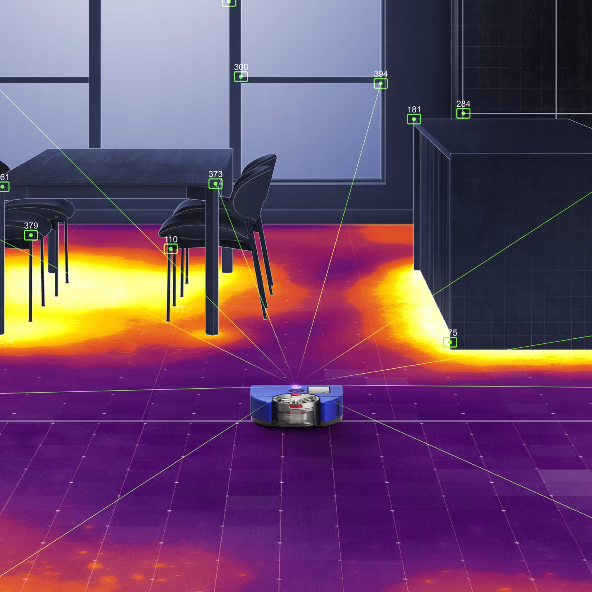 The image features a robotic vacuum cleaner on a purple carpet. The vacuum is positioned in the center of the scene, surrounded by a few chairs. The chairs are placed around the room, with one on the left side, another on the right side, and a third one in the background. The vacuum is actively cleaning the carpet, providing a sense of movement and purpose to the scene.