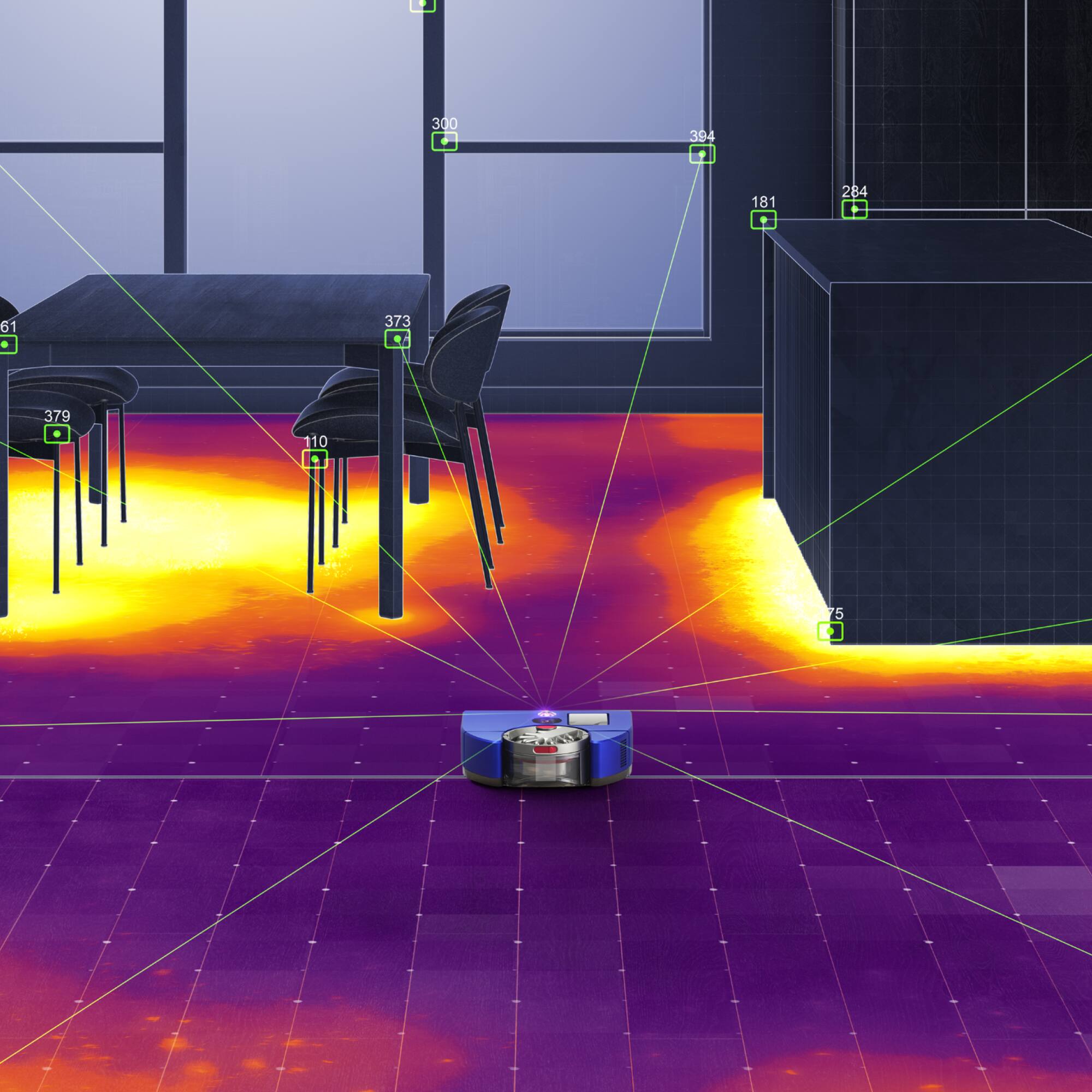 The image features a robotic vacuum cleaner on a purple carpet. The vacuum is positioned in the center of the scene, surrounded by a few chairs. The chairs are placed around the room, with one on the left side, another on the right side, and a third one in the background. The vacuum is actively cleaning the carpet, providing a sense of movement and purpose to the scene.