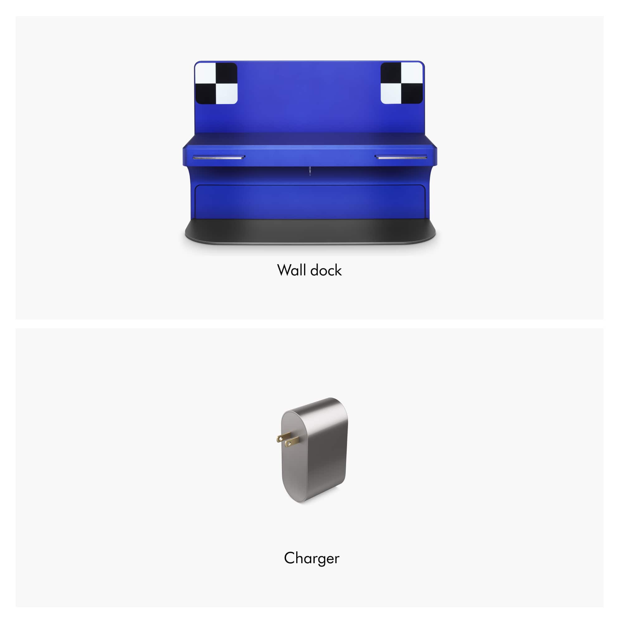 The image features a blue couch and a charger, with the couch being the largest object in the scene. The charger is located on the right side of the image, and the couch is positioned on the left side. The text "Wall dock Charger" is displayed in the lower part of the image, indicating that the charger is a wall dock charger.