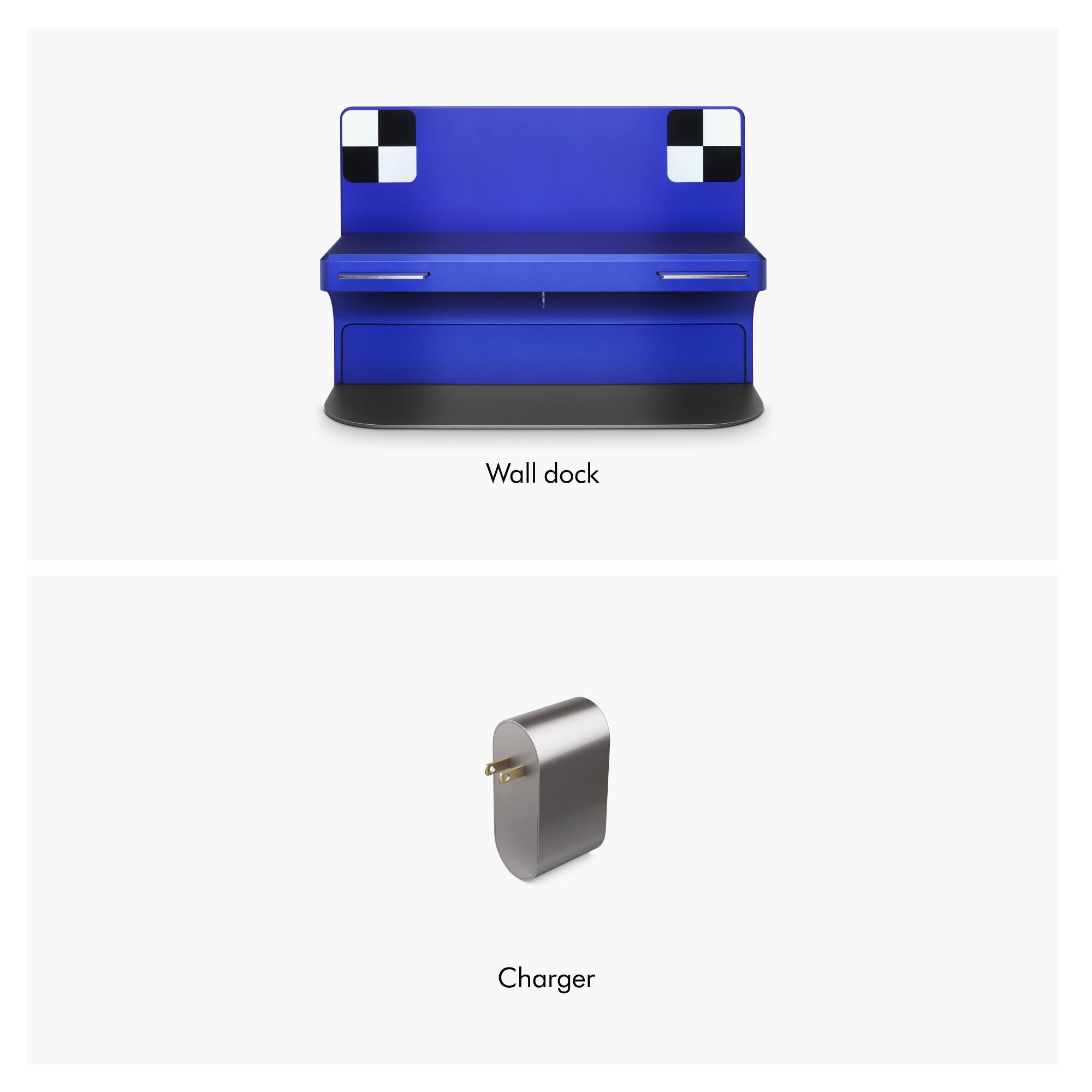 The image features a blue couch and a charger, with the couch being the largest object in the scene. The charger is located on the right side of the image, and the couch is positioned on the left side. The text "Wall dock Charger" is displayed in the lower part of the image, indicating that the charger is a wall dock charger.