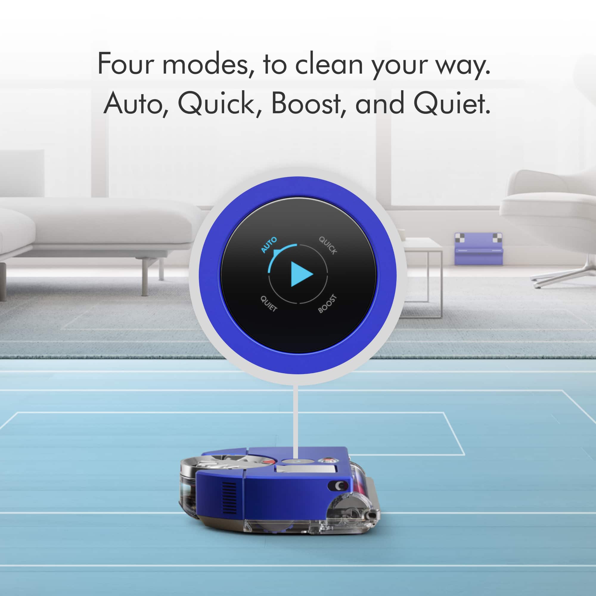 The image features a blue robotic vacuum cleaner with a control panel on top. The control panel has four modes displayed: Auto, Quick, Boost, and Quiet. These modes are designed to cater to different cleaning needs and preferences, allowing the user to choose the most suitable option for their specific situation. The vacuum cleaner is placed on a blue carpet, showcasing its ability to clean various surfaces.