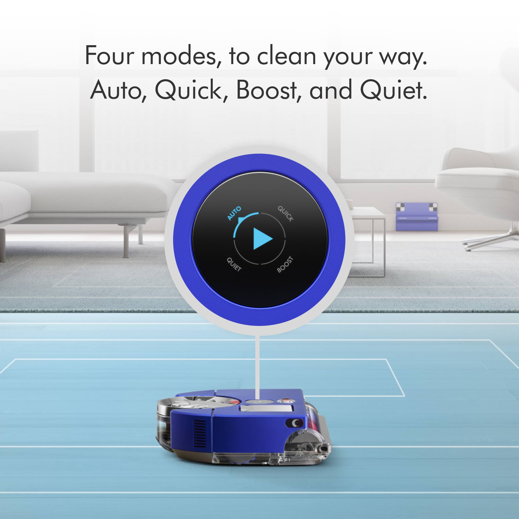 The image features a blue robotic vacuum cleaner with a control panel on top. The control panel has four modes displayed: Auto, Quick, Boost, and Quiet. These modes are designed to cater to different cleaning needs and preferences, allowing the user to choose the most suitable option for their specific situation. The vacuum cleaner is placed on a blue carpet, showcasing its ability to clean various surfaces.