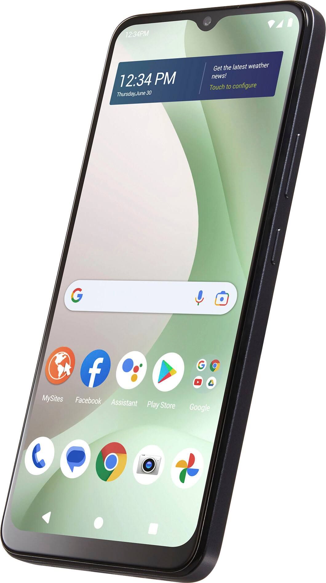 The time displayed on the phone is 12:34 PM. The phone is showing the weather news and is set to Thursday, June 30. The user can touch the screen to configure their settings, access their social media accounts like Facebook and Google, and use the Google Assistant and Play Store.