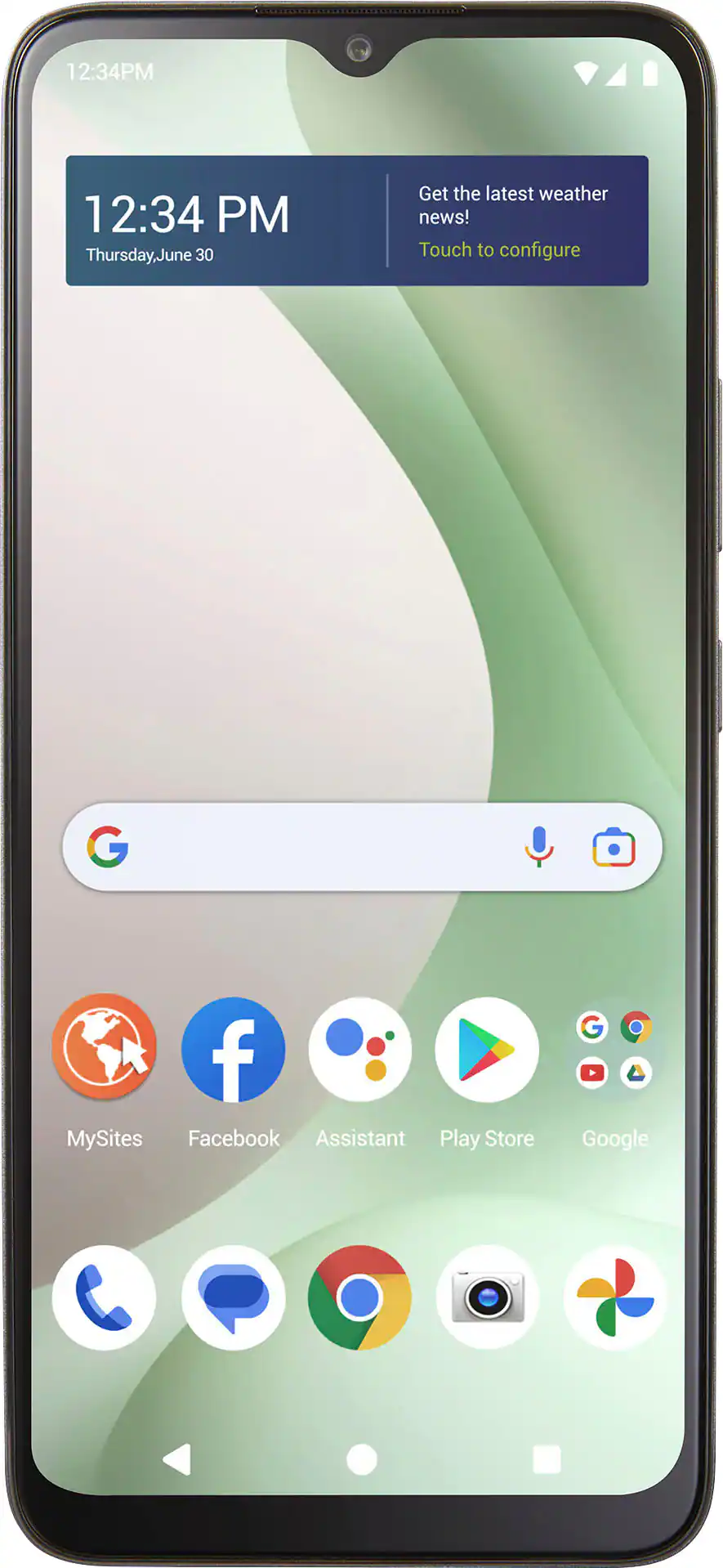 The text on the image reads: "12:34 PM Thursday, June 30 Get the latest weather news! Touch to configure G f MySites Facebook Assistant Play Store Google."