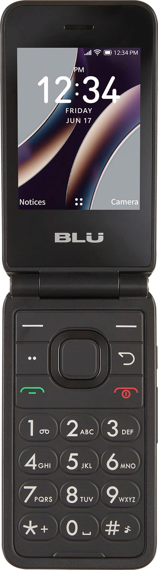 The image shows a black cell phone with a display showing the time as 12:34 PM. The phone is made by Blu and has a camera. The phone is turned on and ready for use.