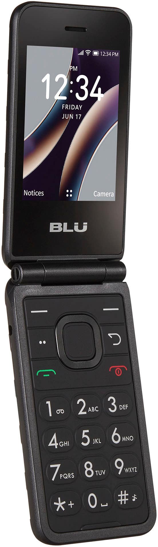 The image shows a cell phone with the time 12:34 displayed on the screen. The phone is made by the company BLU and has a camera. The phone is turned on and ready to use. The image does not provide any additional information about the date or the day of the week.
