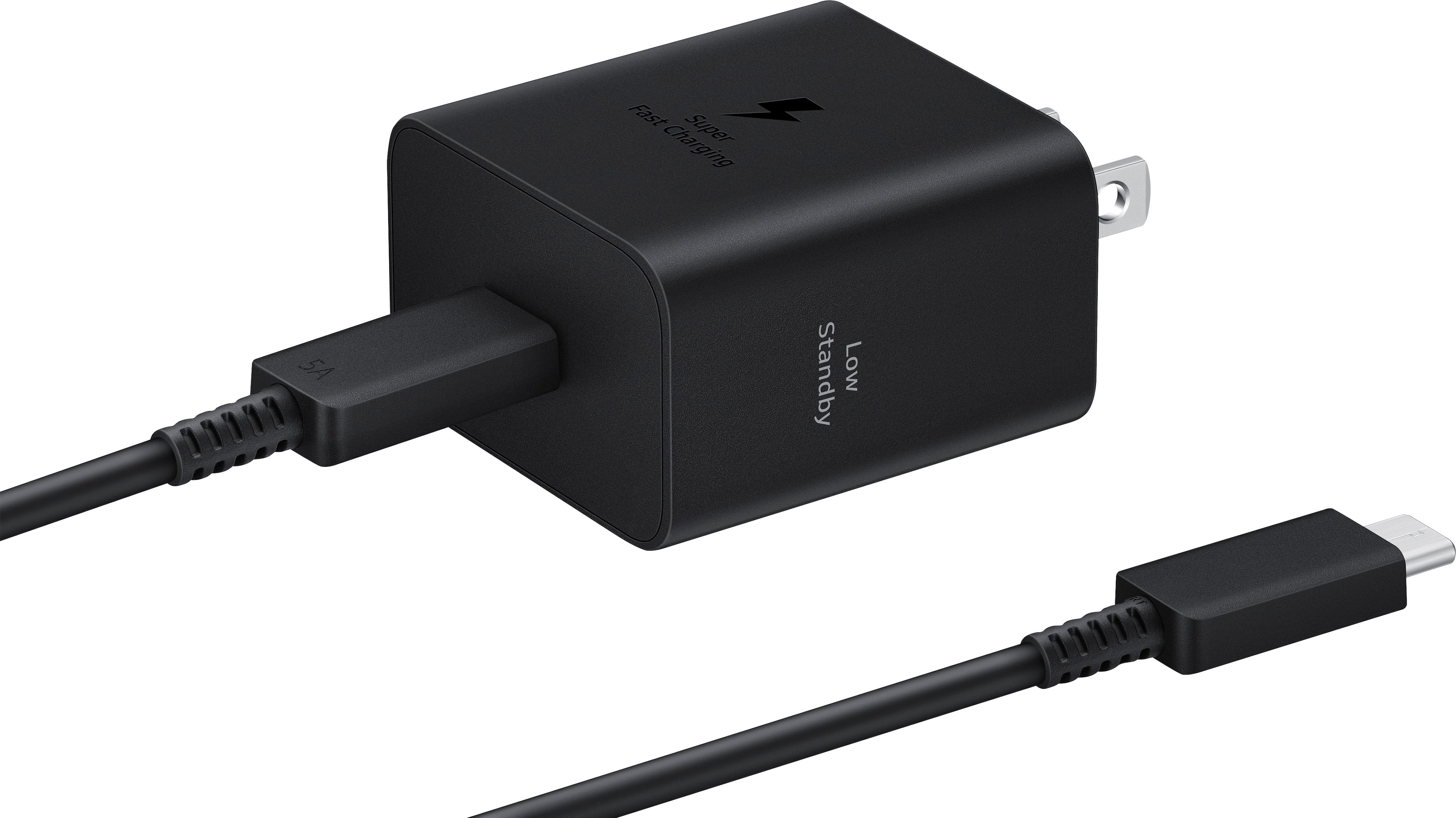 The image features a black charger with a white plug, which is designed to charge devices quickly. The charger is shown in a close-up view, highlighting its features. The charger is compatible with a wide range of devices, including smartphones, tablets, and other electronic devices. The charger is equipped with a fast charging technology that provides a high charging current of 5 amps, ensuring that your device charges quickly and efficiently. The charger also has a low standby power consumption, which means it consumes less energy when not in use, making it an eco-friendly choice.